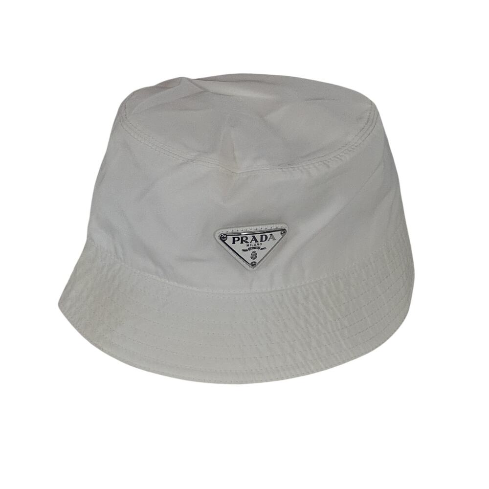 Prada White Bucket Hat with Logo Plaque